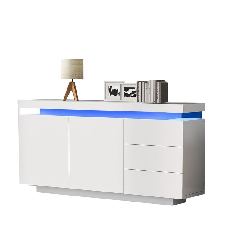 Buffet Blanc Laqué Brillant avec LED Contrôlée par Application, 3 Tiroirs et 2 Armoires pour Rangement Moderne ZUSTRONS.