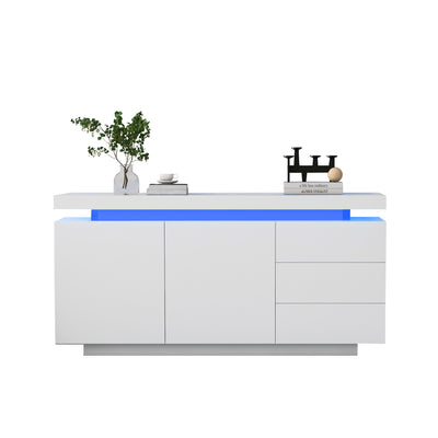 Buffet Blanc Laqué Brillant avec LED Contrôlée par Application, 3 Tiroirs et 2 Armoires pour Rangement Moderne ZUSTRONS.