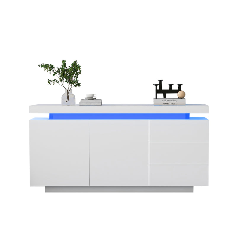 Buffet Blanc Laqué Brillant avec LED Contrôlée par Application, 3 Tiroirs et 2 Armoires pour Rangement Moderne ZUSTRONS.