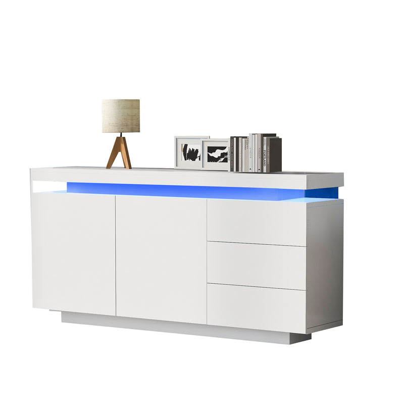 Buffet Blanc Laqué Brillant avec LED Contrôlée par Application, 3 Tiroirs et 2 Armoires pour Rangement Moderne ZUSTRONS.
