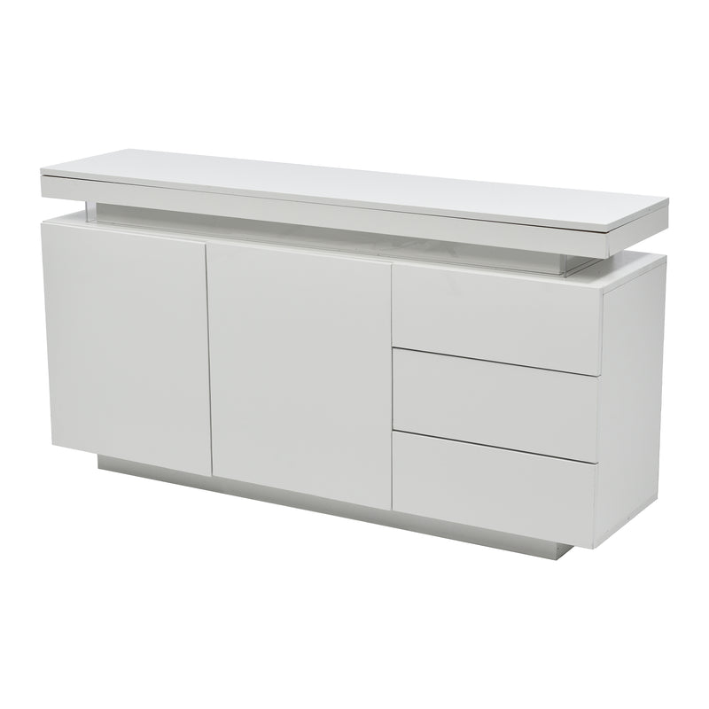 Buffet Blanc Laqué Brillant avec LED Contrôlée par Application, 3 Tiroirs et 2 Armoires pour Rangement Moderne ZUSTRONS.
