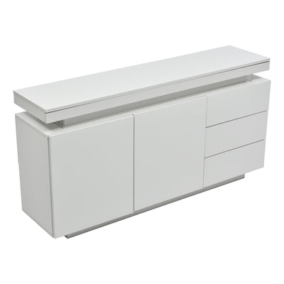 Buffet Blanc Laqué Brillant avec LED Contrôlée par Application, 3 Tiroirs et 2 Armoires pour Rangement Moderne ZUSTRONS.
