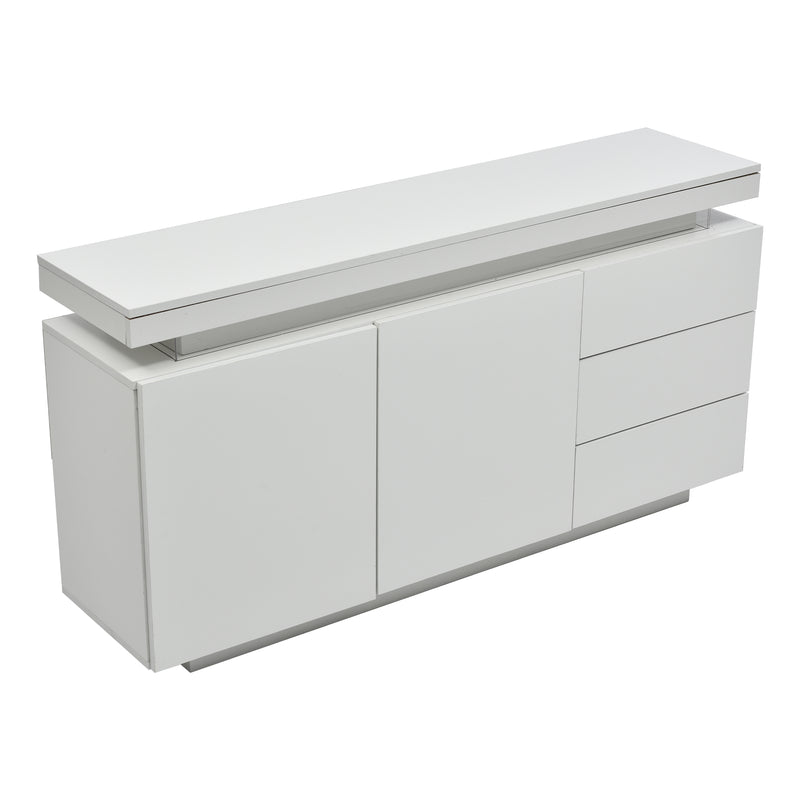 Buffet Blanc Laqué Brillant avec LED Contrôlée par Application, 3 Tiroirs et 2 Armoires pour Rangement Moderne ZUSTRONS.