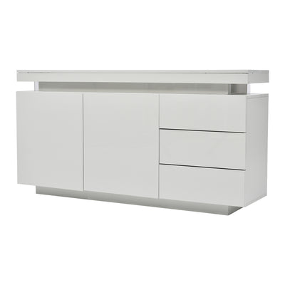 Buffet Blanc Laqué Brillant avec LED Contrôlée par Application, 3 Tiroirs et 2 Armoires pour Rangement Moderne ZUSTRONS.