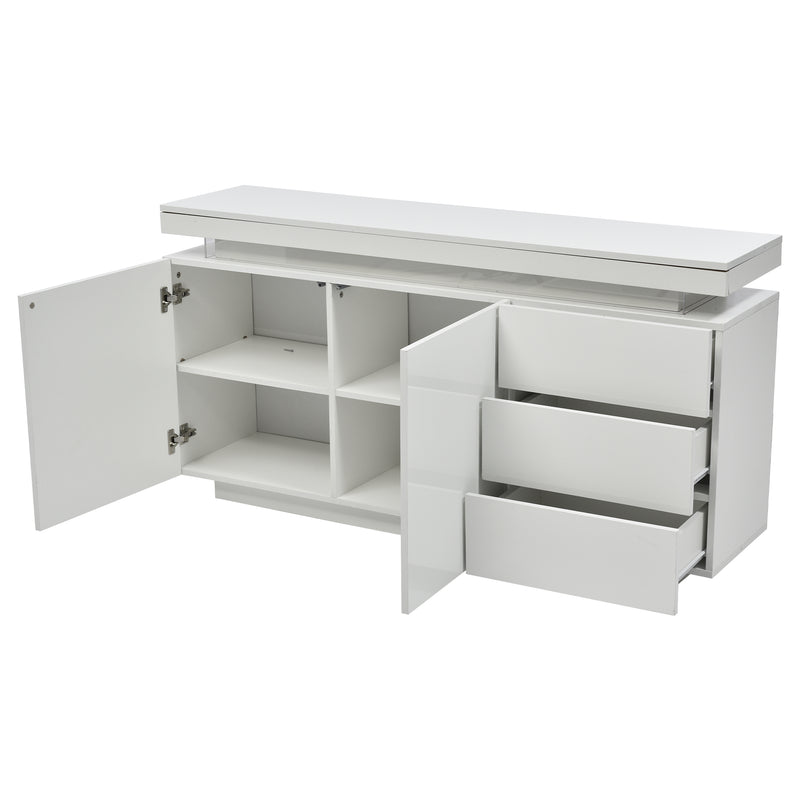 Buffet Blanc Laqué Brillant avec LED Contrôlée par Application, 3 Tiroirs et 2 Armoires pour Rangement Moderne ZUSTRONS.