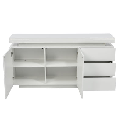 Buffet Blanc Laqué Brillant avec LED Contrôlée par Application, 3 Tiroirs et 2 Armoires pour Rangement Moderne ZUSTRONS.