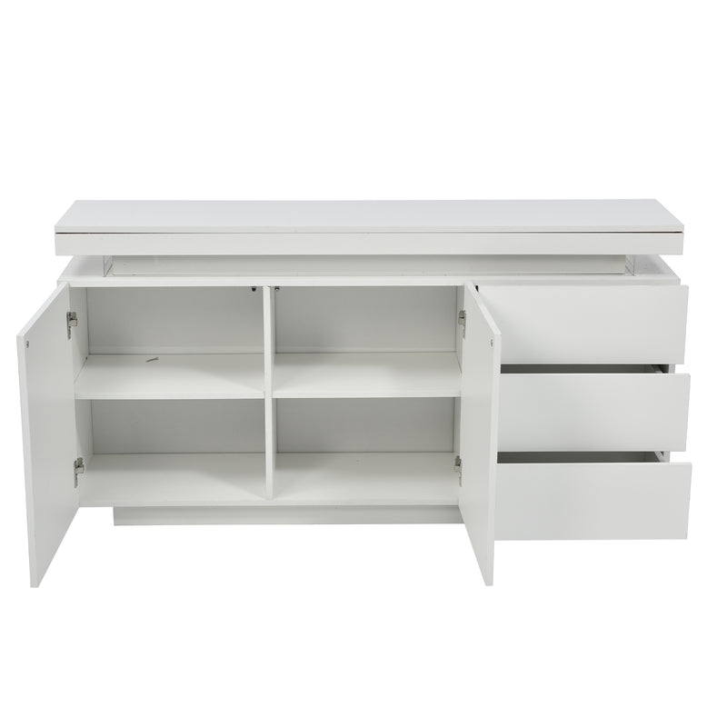 Buffet Blanc Laqué Brillant avec LED Contrôlée par Application, 3 Tiroirs et 2 Armoires pour Rangement Moderne ZUSTRONS.