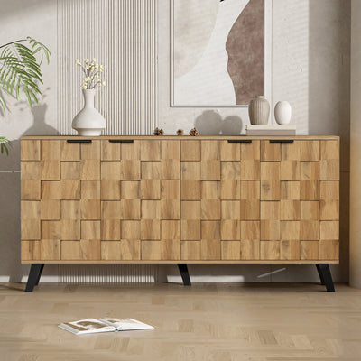 Buffet / Commode Moderne Effet Bois Naturel avec Motifs Géométriques, 4 Portes et Étagères Réglables (160.5x35.5x78cm) OCAERS