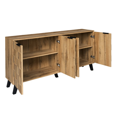 Buffet / Commode Moderne Effet Bois Naturel avec Motifs Géométriques, 4 Portes et Étagères Réglables (160.5x35.5x78cm) OCAERS