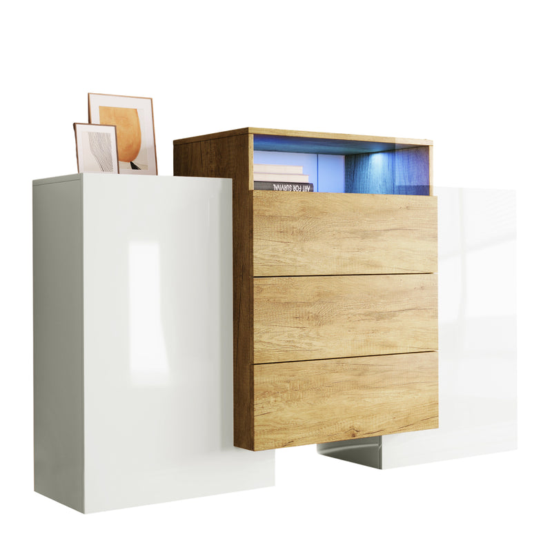 Buffet Contemporain Blanc Brillant et Bois Naturel avec LED Multicolores et Rangement Modulaire VRASUK