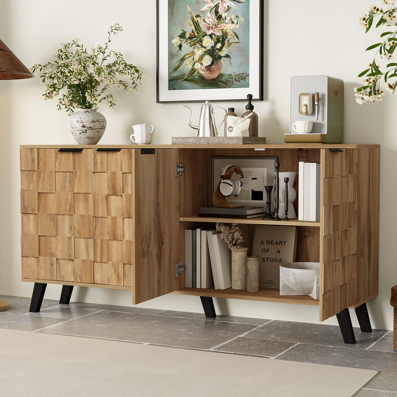 Buffet / Commode Moderne Effet Bois Naturel avec Motifs Géométriques, 4 Portes et Étagères Réglables (160.5x35.5x78cm) OCAERS