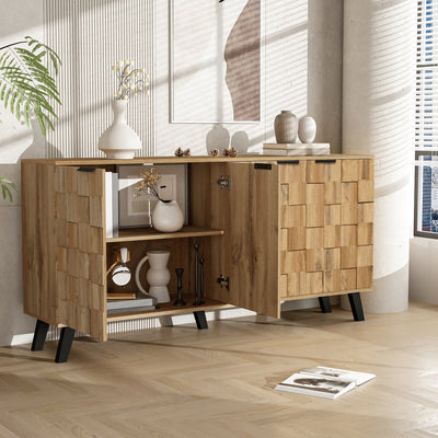 Buffet / Commode Moderne Effet Bois Naturel avec Motifs Géométriques, 4 Portes et Étagères Réglables (160.5x35.5x78cm) OCAERS