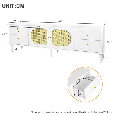 Meuble TV Élégant Blanc et Rotin avec 4 Tiroirs, Gestion des Câbles et Pieds Réglables (180x40x56.5cm - Pour TV jusqu'à 80 pouces) ROGRAX