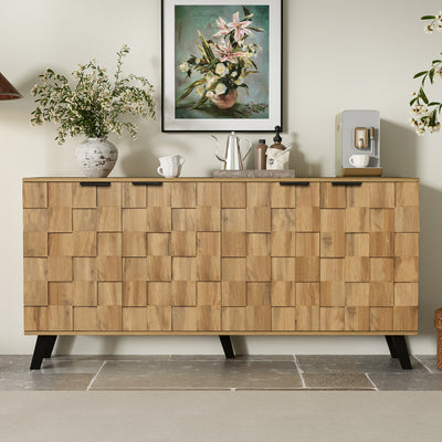 Buffet / Commode Moderne Effet Bois Naturel avec Motifs Géométriques, 4 Portes et Étagères Réglables (160.5x35.5x78cm) OCAERS
