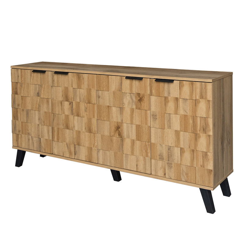 Buffet / Commode Moderne Effet Bois Naturel avec Motifs Géométriques, 4 Portes et Étagères Réglables (160.5x35.5x78cm) OCAERS