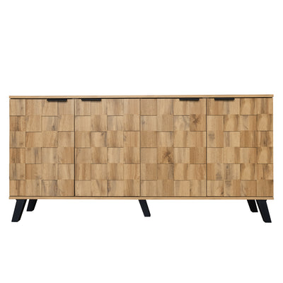 Buffet / Commode Moderne Effet Bois Naturel avec Motifs Géométriques, 4 Portes et Étagères Réglables (160.5x35.5x78cm) OCAERS