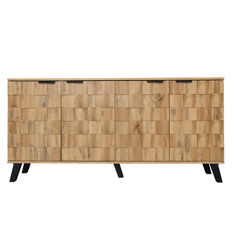 Buffet / Commode Moderne Effet Bois Naturel avec Motifs Géométriques, 4 Portes et Étagères Réglables (160.5x35.5x78cm) OCAERS