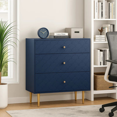 Commode à Tiroirs Bleu Marine avec Motif Écaille de Poisson, Pieds Champagne et Angles Arrondis (H89xL75xP40cm) KAUGZUN