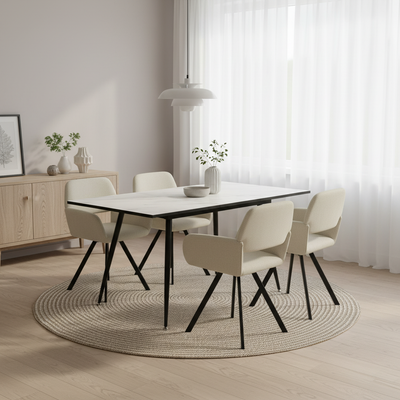 White marble effect Scandinavian style rectangular extendable dining table with black legs 120-160 WHALEN WHITE MARBLE STRETCH TABLE BLACK LEG