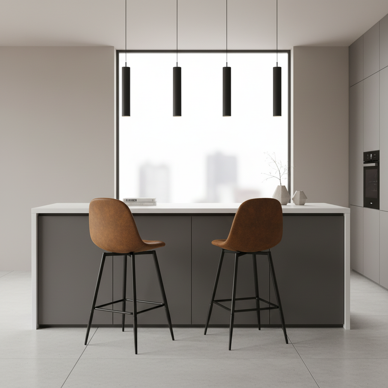 Set of 2 industrial style black PU swivel bar stools with white stitching 67Hcm CHARLTON COUNTER BLACK PU BLACK LEG 2PCS (Copy)