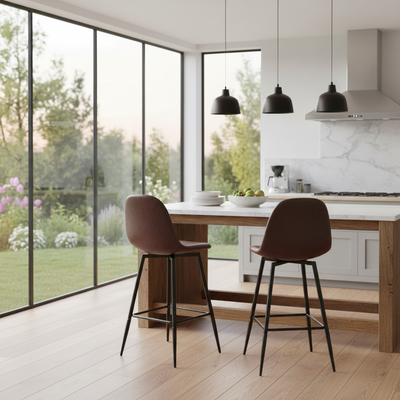 Set of 2 Vintage Faux Suede Industrial Style Swivel Bar Stools 67Hcm CHARLTON COUNTER SUEDE BROWN BLACK LEG 2PCS