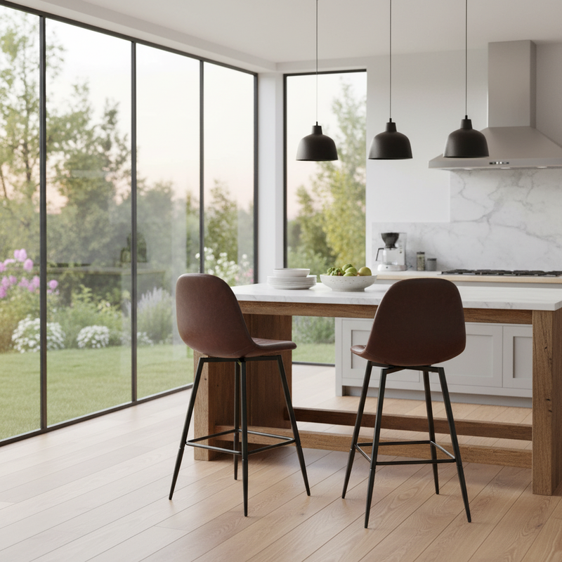 Set of 2 Vintage Faux Suede Industrial Style Swivel Bar Stools 67Hcm CHARLTON COUNTER SUEDE BROWN BLACK LEG 2PCS