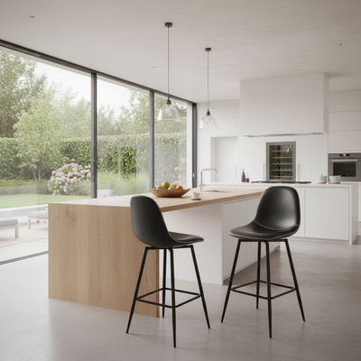 Set of 2 industrial style black PU swivel bar stools with white stitching 67Hcm CHARLTON COUNTER BLACK PU BLACK LEG 2PCS