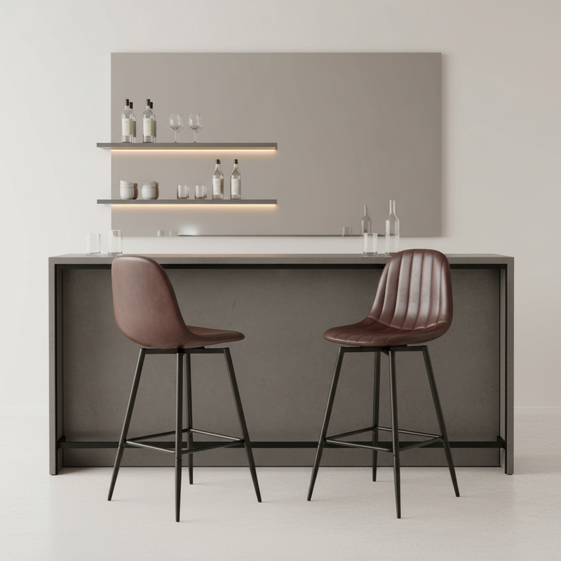 Set of 2 Vintage Faux Suede Industrial Style Swivel Bar Stools 67Hcm CHARLTON COUNTER SUEDE BROWN BLACK LEG 2PCS