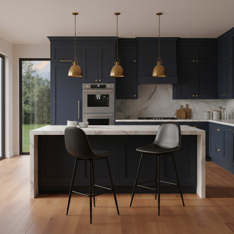 Set of 2 industrial style black PU swivel bar stools with white stitching 67Hcm CHARLTON COUNTER BLACK PU BLACK LEG 2PCS