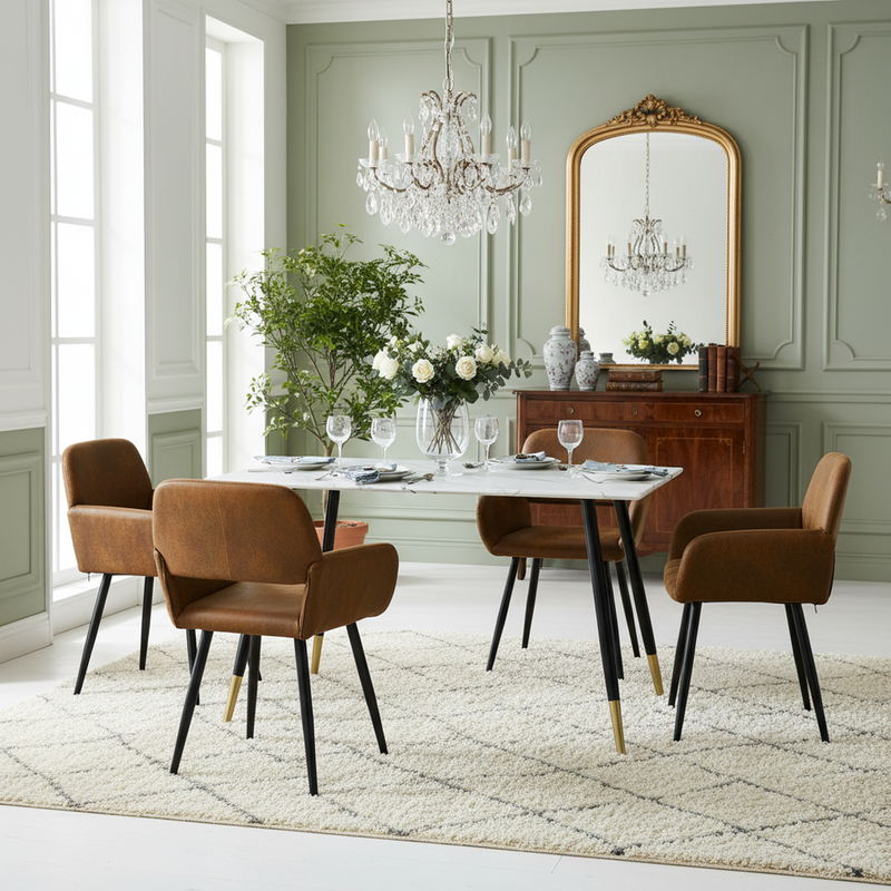 Rectangular dining table in white marble effect, Scandinavian style, gold dot legs 110x70cm WHALEN MARBLE TABLE BG
