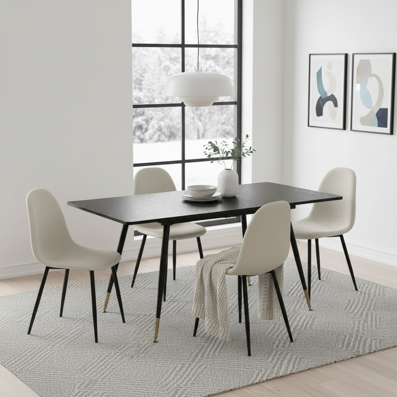 Rectangular extendable dining table black wood effect Scandinavian style gold dot legs 120-160 WHALEN DARK WOOD STRETCH TABLE BG