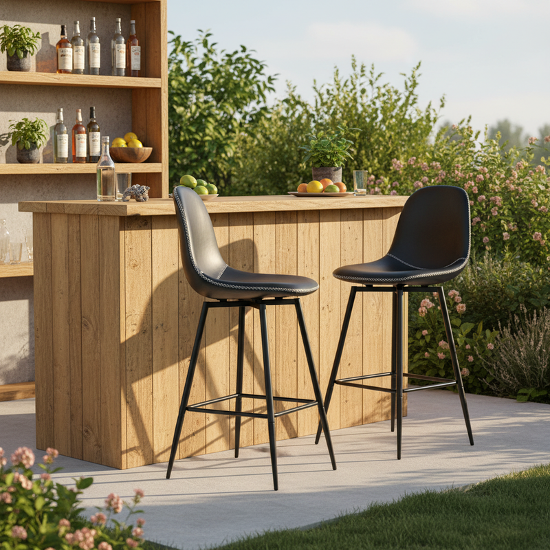 Set of 2 industrial style black PU swivel bar stools with white stitching 67Hcm CHARLTON COUNTER BLACK PU BLACK LEG 2PCS