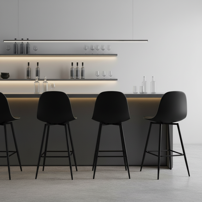 Set of 2 industrial style black PU swivel bar stools with white stitching 67Hcm CHARLTON COUNTER BLACK PU BLACK LEG 2PCS