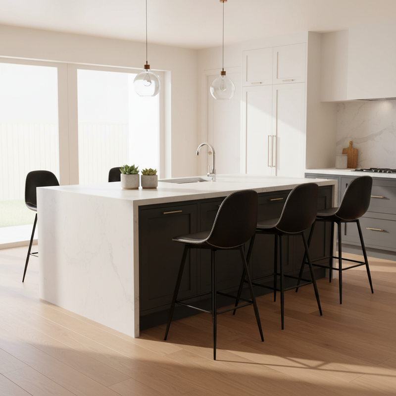 Set of 2 industrial style black PU swivel bar stools with white stitching 67Hcm CHARLTON COUNTER BLACK PU BLACK LEG 2PCS