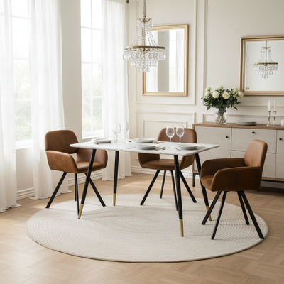 Rectangular dining table in white marble effect, Scandinavian style, gold dot legs 110x70cm WHALEN MARBLE TABLE BG