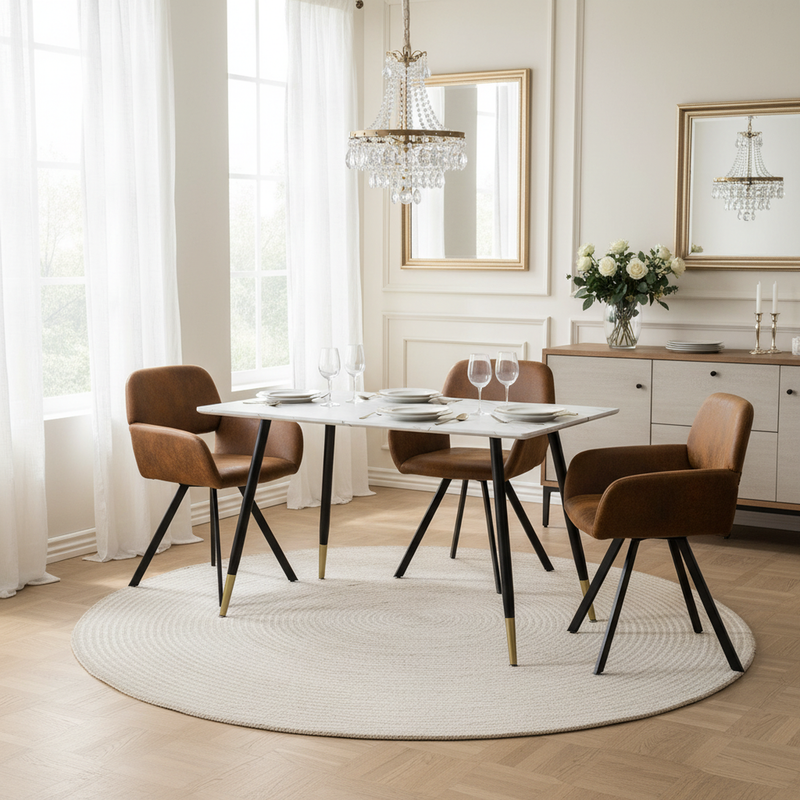 Rectangular dining table in white marble effect, Scandinavian style, gold dot legs 110x70cm WHALEN MARBLE TABLE BG