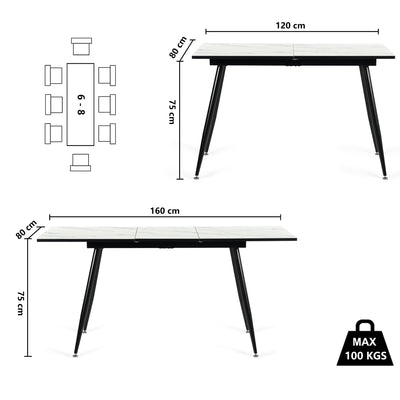 White marble effect Scandinavian style rectangular extendable dining table with black legs 120-160 WHALEN WHITE MARBLE STRETCH TABLE BLACK LEG