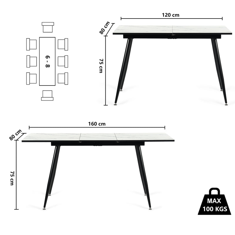 White marble effect Scandinavian style rectangular extendable dining table with black legs 120-160 WHALEN WHITE MARBLE STRETCH TABLE BLACK LEG