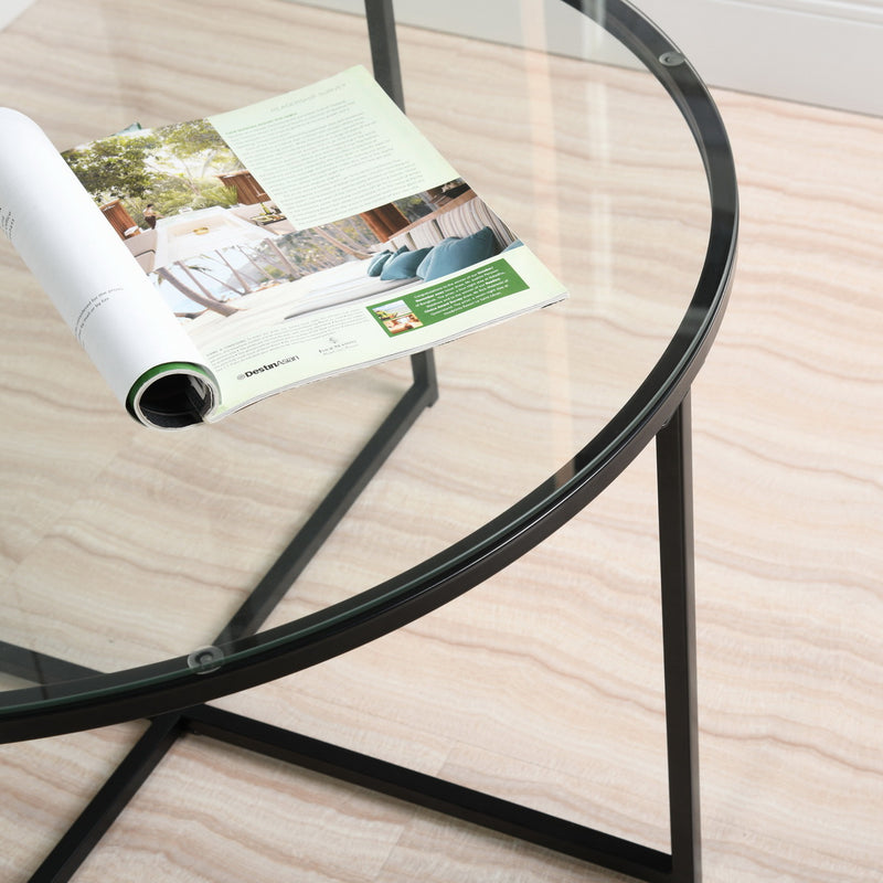 INMA Round Glass and Black Metal Coffee Table