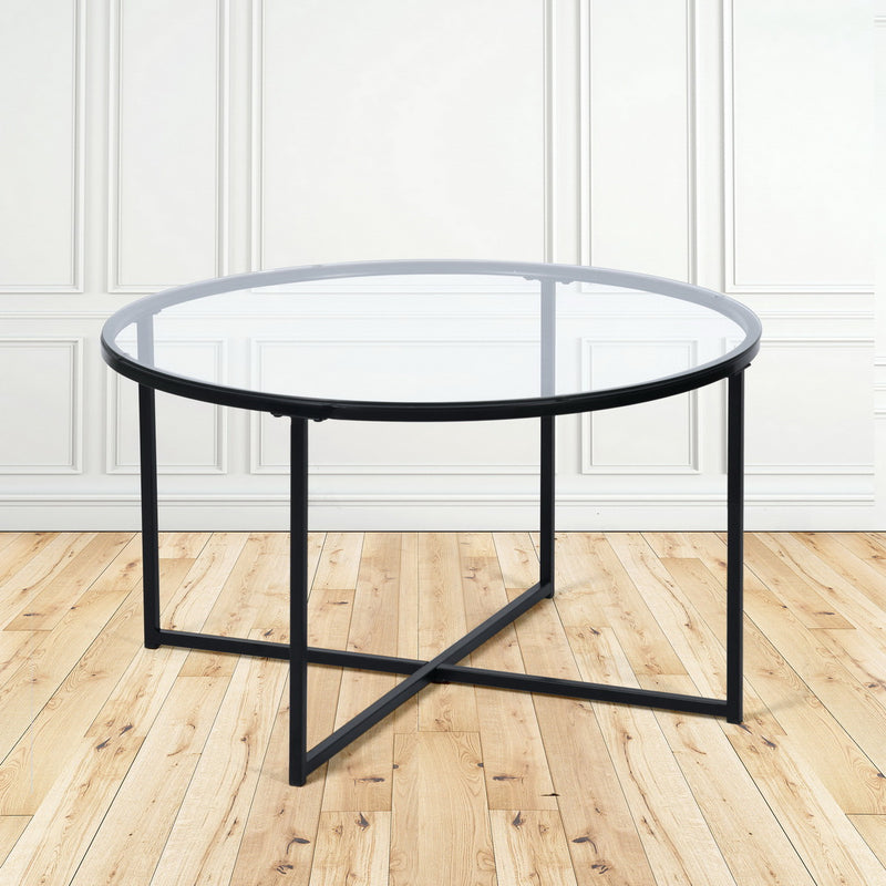 INMA Round Glass and Black Metal Coffee Table