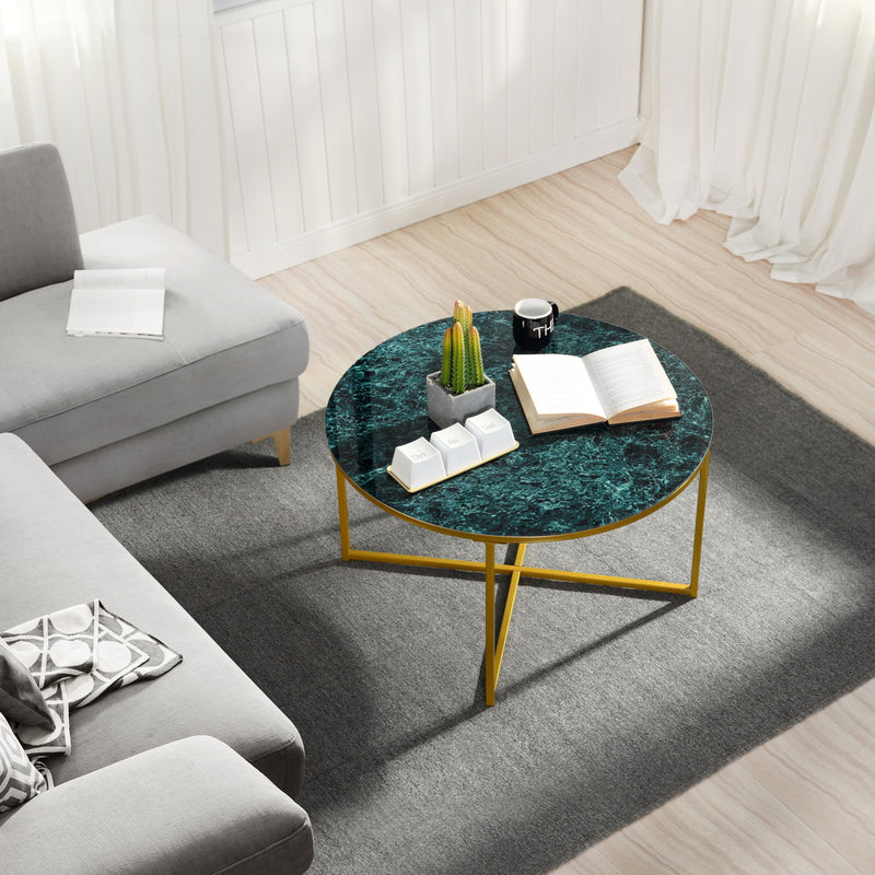 INMA GREEN - Round coffee table in green glass and gold metal