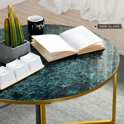 INMA GREEN - Round coffee table in green glass and gold metal