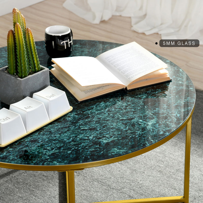 INMA GREEN - Round coffee table in green glass and gold metal