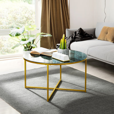INMA GREEN - Round coffee table in green glass and gold metal
