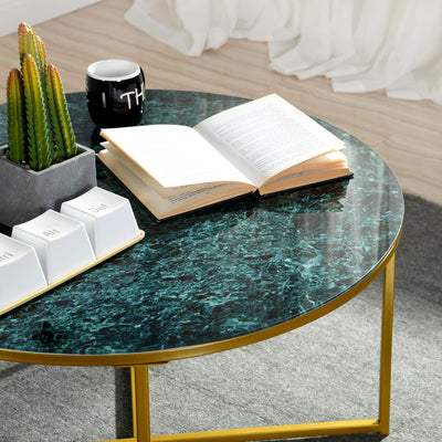 INMA GREEN - Round coffee table in green glass and gold metal