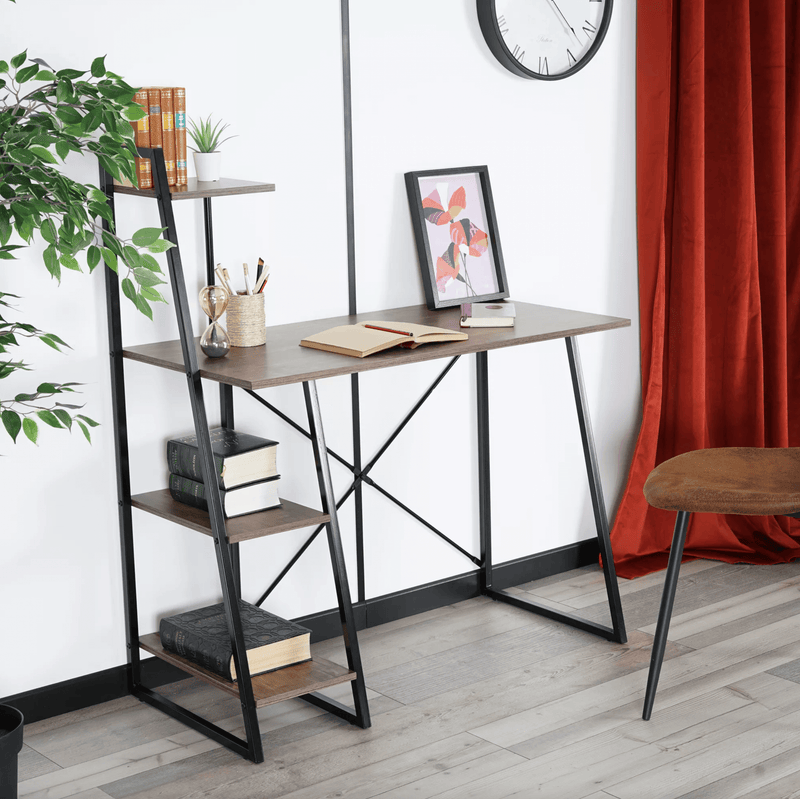 POUCHU - Computer desk for the home office - Workstation with 4 levels shelves - Dark oak