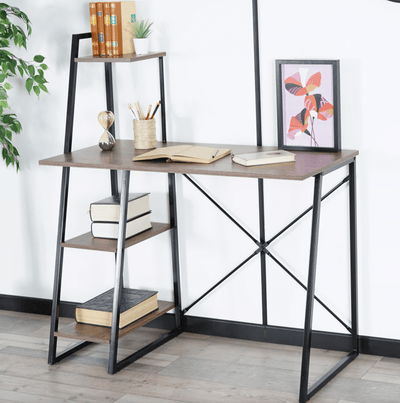 POUCHU - Computer desk for the home office - Workstation with 4 levels shelves - Dark oak