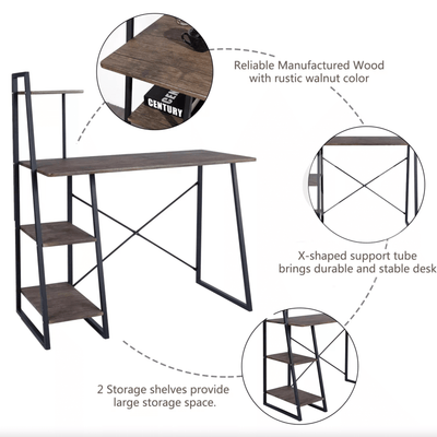 POUCHU - Computer desk for the home office - Workstation with 4 levels shelves - Dark oak