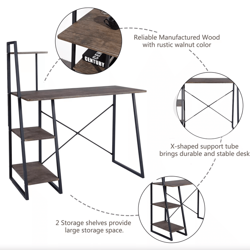 POUCHU - Computer desk for the home office - Workstation with 4 levels shelves - Dark oak