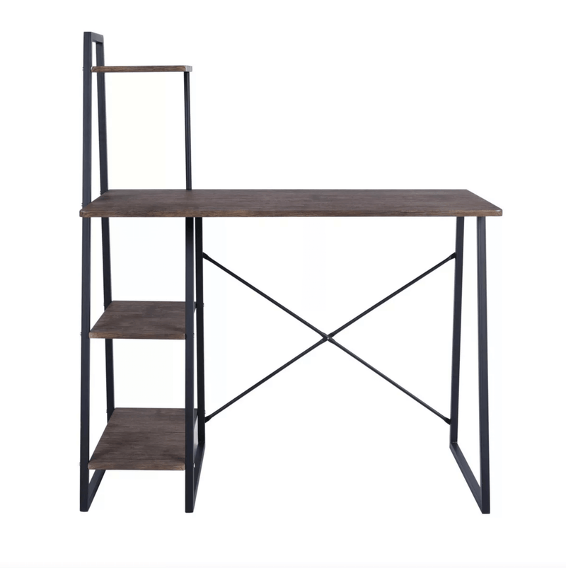 POUCHU - Computer desk for the home office - Workstation with 4 levels shelves - Dark oak